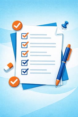 Illustration of a paper checklist with multiple checked boxes, shown with a pen and office items