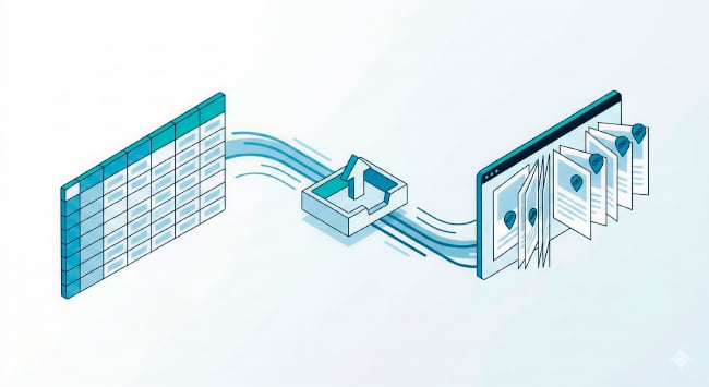 An illustration showing data flowing from a spreadsheet grid, through an upload tray, to automatically populate link pins across pages in a digital flipbook.