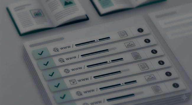 A clean, minimal illustration of a link-review dashboard with structured rows, teal checkmarks, and gray warning icons. In the blurred background, open flipbook pages represent a publication undergoing quality 