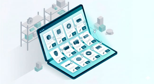 Isometric illustration of an open digital tablet showing a grid of generic product cards with link and shopping cart icons. A glowing blue network of pins connects the items, set against a minimalist warehouse 
