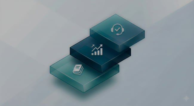 Stacked translucent blocks with icons for documents, analytics, and a checkmark.