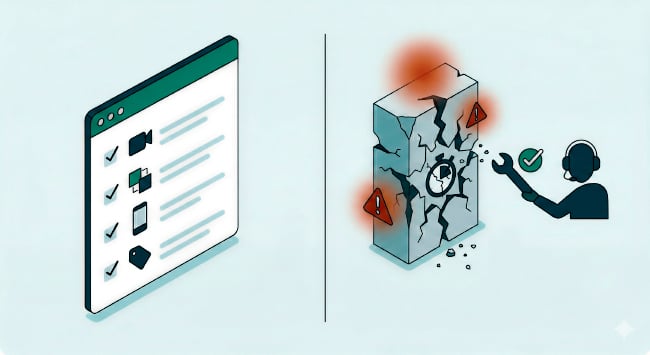 Illustration showing a checklist UI on one side, and on the other a support technician using tools to fix a cracked system box with warning symbols and a success checkmark.