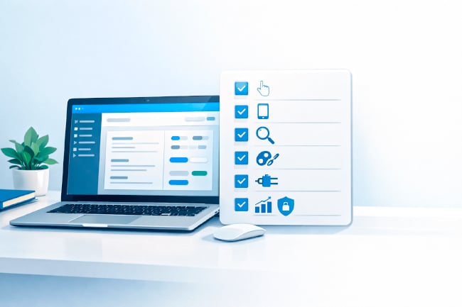 Laptop on a white desk with a dashboard and floating checklist icons for usability, mobile, SEO, branding, integrations, analytics, and security. Laptop on a white desk with a dashboard and floating checklist icons for usability, mobile, SEO, branding, integrations, analytics, and security.