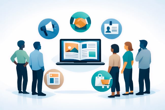 Five diverse business-casual silhouettes stand in an arc around a floating laptop displaying a digital publication, with minimal team icons on a clean white blue-teal background. Five diverse business-casual silhouettes stand in an arc around a floating laptop displaying a digital publication, with minimal team icons on a clean white blue-teal background.