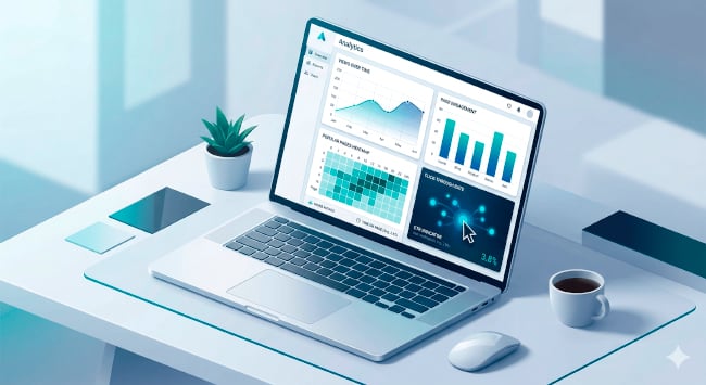 Isometric illustration of a laptop on a desk displaying an analytics dashboard. Isometric illustration of a laptop on a desk displaying an analytics dashboard.