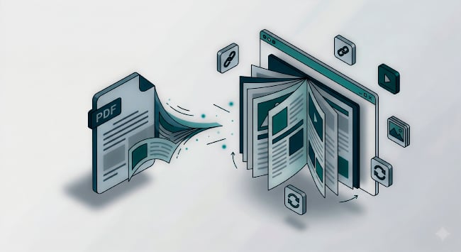 An isometric illustration shows a PDF document morphing into an interactive flipbook within a browser window, with floating media and refresh icons, all in cool blues on a white background. An isometric illustration shows a PDF document morphing into an interactive flipbook within a browser window, with floating media and refresh icons, all in cool blues on a white background.