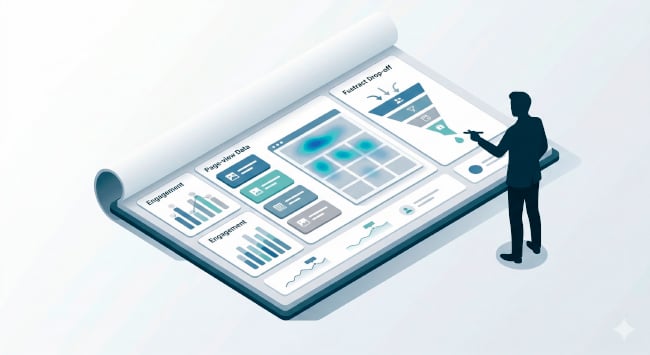 Illustration of a person analyzing a digital analytics dashboard with engagement charts, heatmaps, and a marketing funnel.