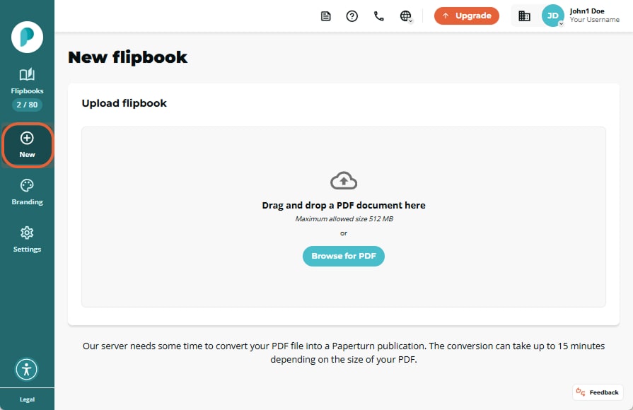 Paperturn dashboard, “New flipbook” view with the sidebar “+ New” button circled and a central drop- Paperturn dashboard, “New flipbook” view with the sidebar “+ New” button circled and a central drop-