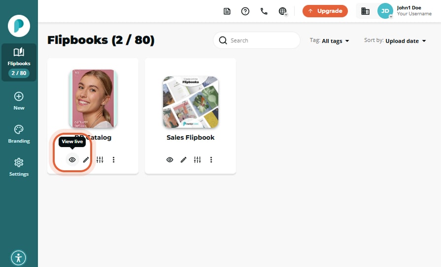 Flipbooks overview, two thumbnails; the first flipbook is circled and shows a “View live” tooltip ab Flipbooks overview, two thumbnails; the first flipbook is circled and shows a “View live” tooltip ab
