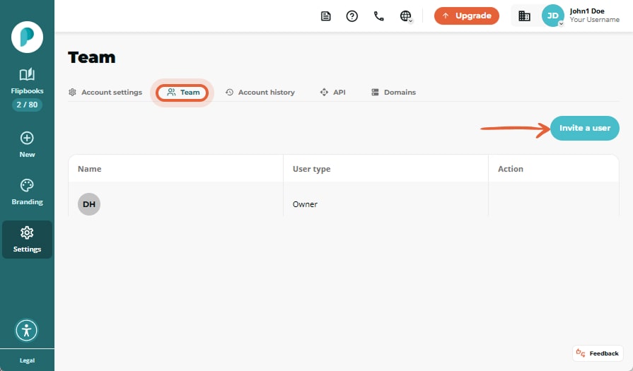 Team settings showing one owner listed; “Team” tab and turquoise “Invite a user” button on the right Team settings showing one owner listed; “Team” tab and turquoise “Invite a user” button on the right