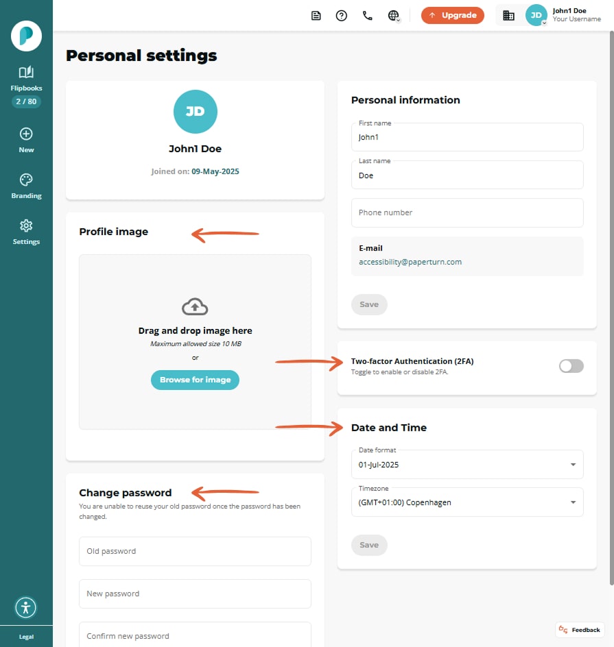 Personal settings page with avatar, image upload box, contact fields, 2FA switch, date/time and pass Personal settings page with avatar, image upload box, contact fields, 2FA switch, date/time and pass