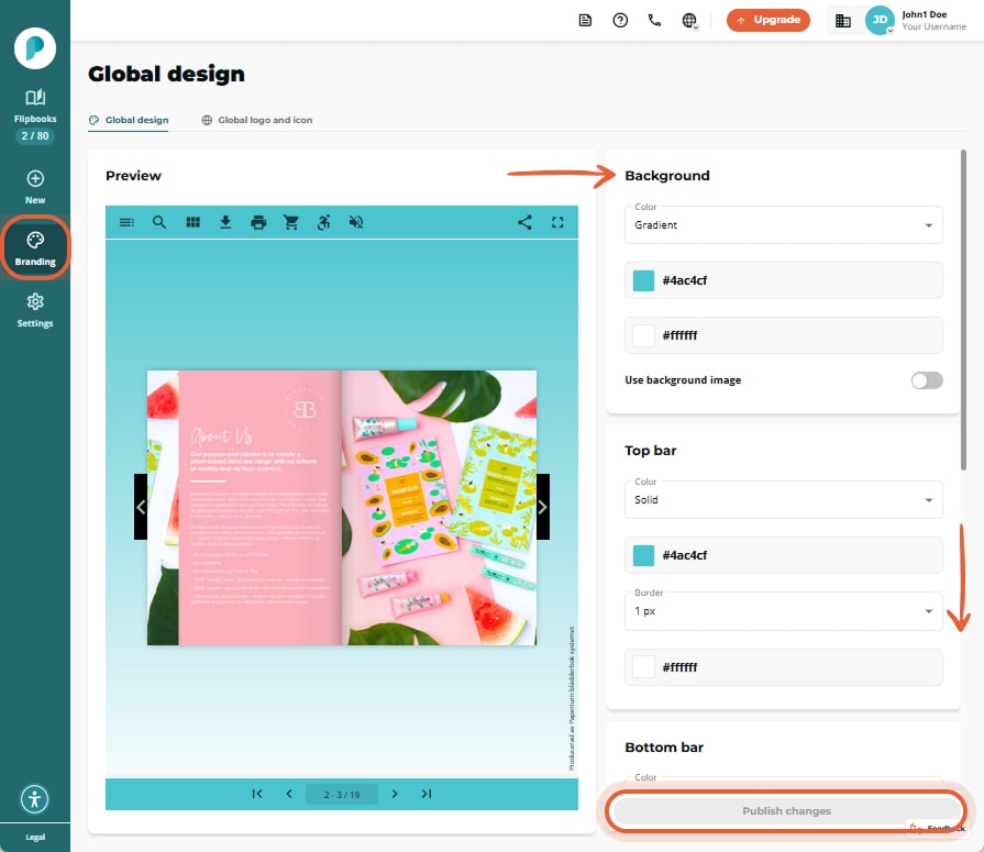 Branding - Global design view; preview left, background-color controls right, “Publish changes” butt Branding - Global design view; preview left, background-color controls right, “Publish changes” butt