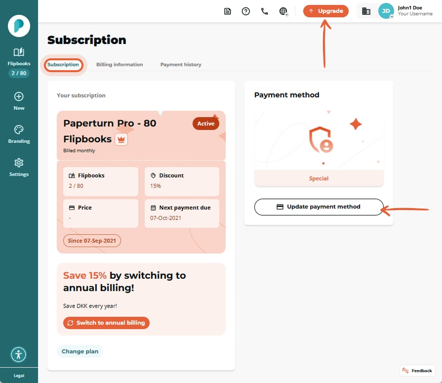 Subscription page showing plan card, payment method panel with “Update payment method” button arrow, Subscription page showing plan card, payment method panel with “Update payment method” button arrow,