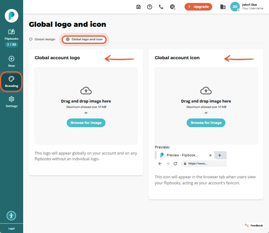 Branding - Global logo and icon page; two upload boxes for account logo and favicon are highlighted, Branding - Global logo and icon page; two upload boxes for account logo and favicon are highlighted,