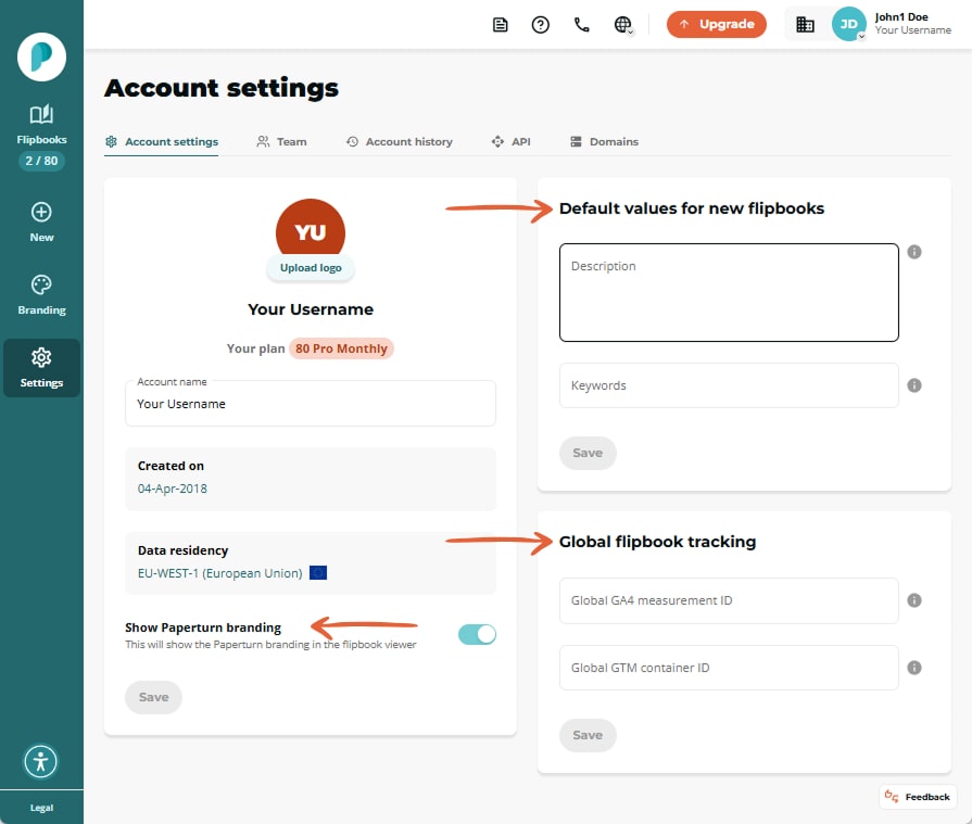 Account settings screen showing account info, default flipbook fields, branding toggle and GA/GTM tr Account settings screen showing account info, default flipbook fields, branding toggle and GA/GTM tr