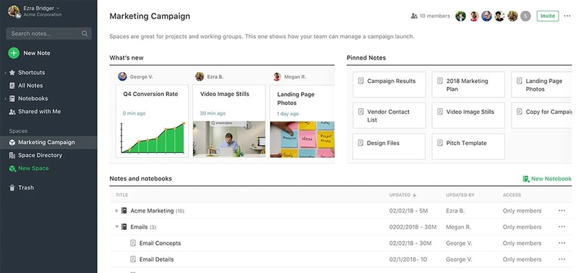 Evernote dashboard