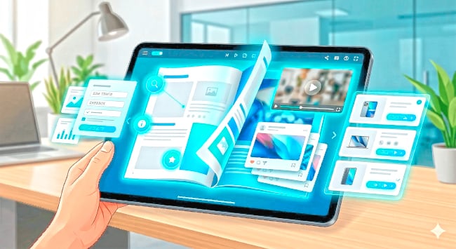 A hand holds a tablet displaying an interactive digital publication with various multimedia elements floating out from the screen.