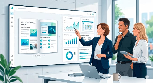 Business team reviewing a digital flipbook alongside a clean analytics dashboard with charts, heatmap visuals, and performance metrics in a modern blue-and-white interface.