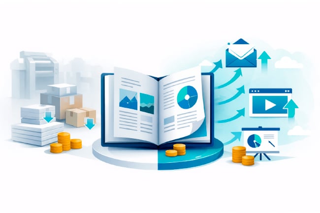 Digital flipbook illustration contrasting print costs on the left with rising digital distribution channels on the right.
