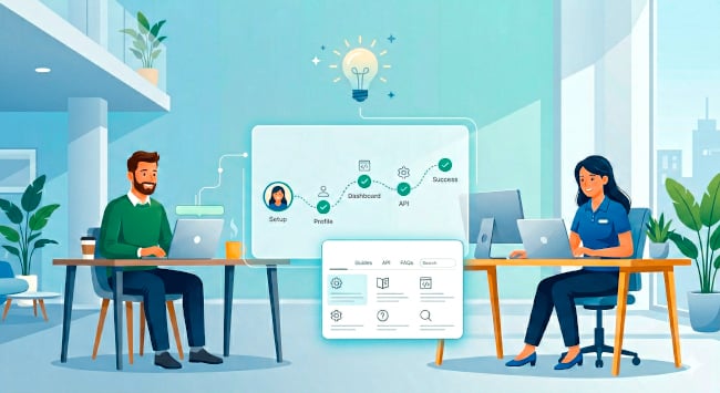Semi-flat vector of a customer and support specialist at desks with with a central screen showing an AI workflow from profile to success.”