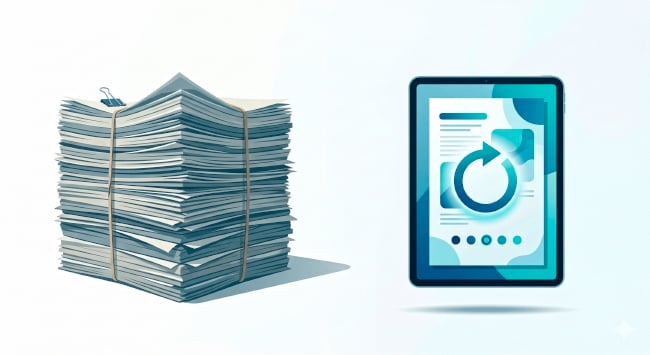 Minimalist illustration contrasting a heavy stack of physical paper documents on the left with a sleek digital tablet displaying a refresh icon on the right. Minimalist illustration contrasting a heavy stack of physical paper documents on the left with a sleek digital tablet displaying a refresh icon on the right.