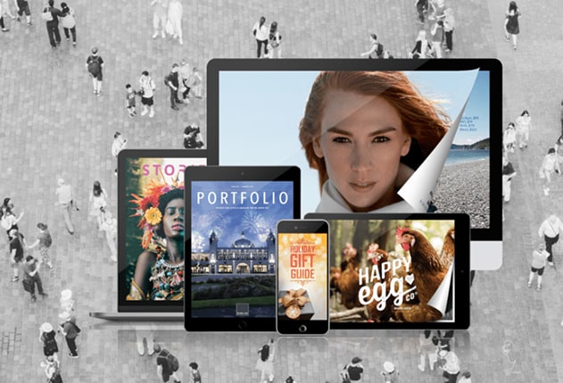 Multiple digital flipbooks are displayed on various devices, including a laptop, phone, and tablet, 