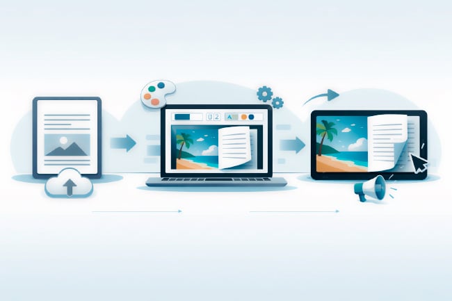 Illustration of a PDF turning into a digital flipbook across three device screens, with simple upload, customize, and publish visual cues in a clean blue-and-teal no-code SaaS style.