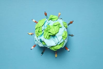 Planet Earth with characters around it