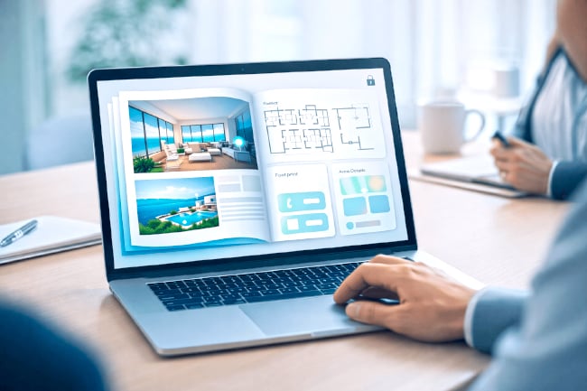 Laptop displaying a clean real estate presentation interface as professionals review it in a bright office setting.