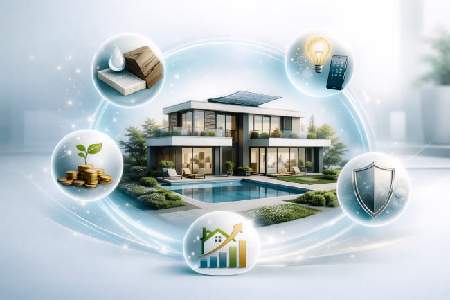 Premium real estate visual with a modern home centered in a clean interface, surrounded by distinct icons for materials, efficiency, smart design, durability, and growth.