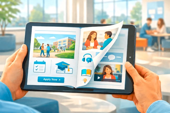Student and parent viewing a digital admissions guide on a tablet in a bright campus lounge.