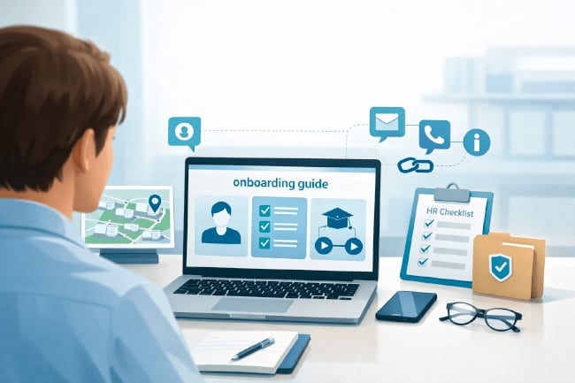 New staff member viewing a digital onboarding guide on a laptop in a clean office workspace, with neat icons and documents suggesting maps, HR resources, and internal communication.