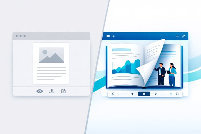Split illustration comparing a plain gray file preview window on the left with a polished blue flipbook viewer on the right.