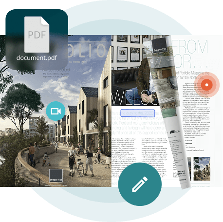 Digital magazine with multimedia and edit icons — showing how Paperturn helps media and entertainment.