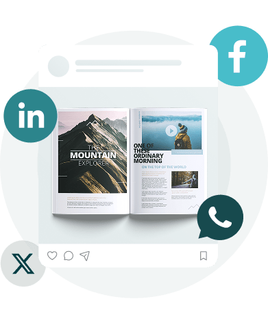 Digital magazine shared on social media with brand icons — showing how Paperturn lets users control their brand across every publication with custom domains and consistent design.