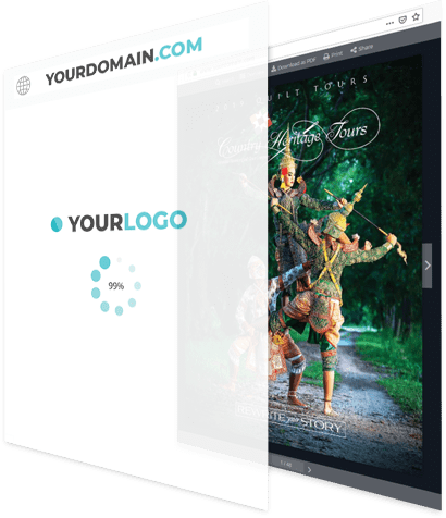 A flipbook being overlapped by a an image that shows a customised logo and domain