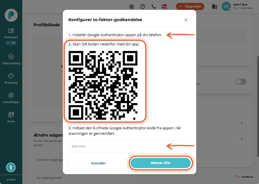 Popupvindue med QR-kode og instruktioner til opsætning af tofaktorautentificering
