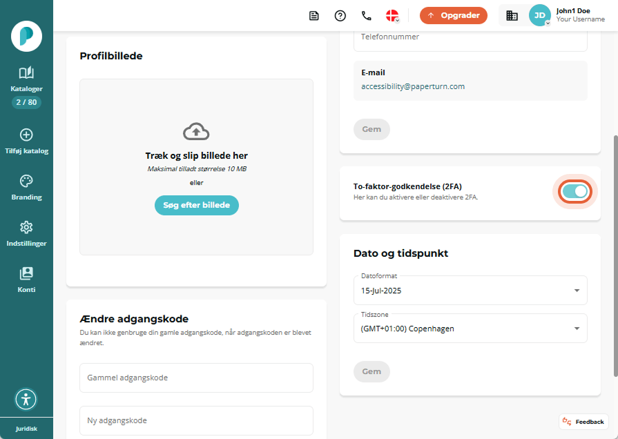 2FA-kontakten slået til i panelet Personlige indstillinger