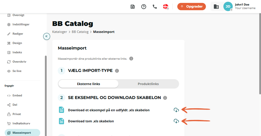Bulk import trin 2 fremhæver ikoner til at downloade eksempel- og tomme .xls-skabeloner.