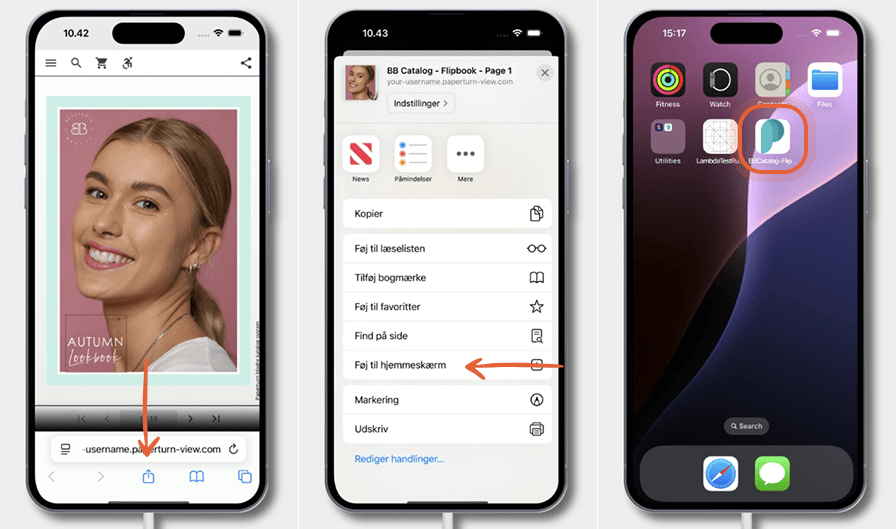 Tre iPhone-skærme viser, hvordan man tilføjer en flipbook til hjemmeskærmen: åbning af flipbook i Sa