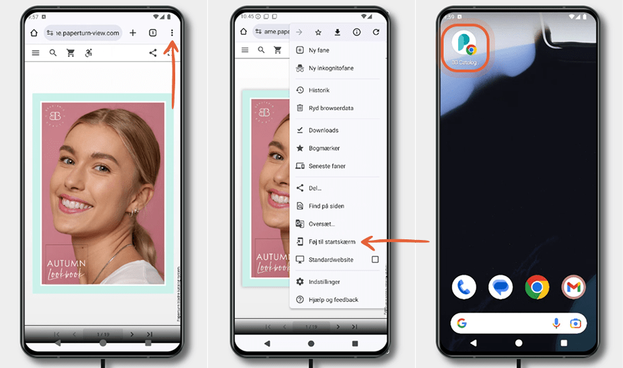 Tre Android-skærme demonstrerer, hvordan man tilføjer en flipbook til hjemmeskærmen via Chrome: åbni