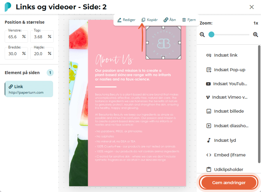 Links og videoer-modal med et logolink valgt under en kopieringsværktøjslinje; knappen “Save changes