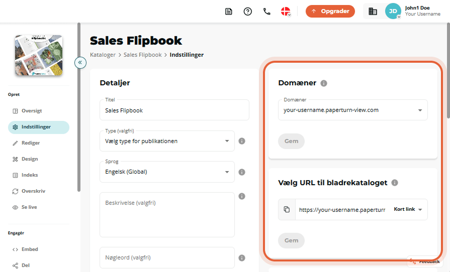 Sales Flipbook-indstillingsside med tom Domains-rullemenu og markeret URL-indstillingspanel.