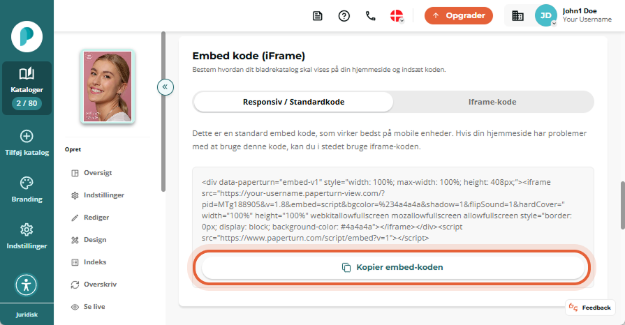 Kopiér integreringskoden til flipbooken ved at klikke på 