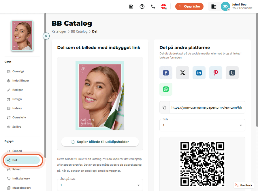 “BB Catalog” Share-fanen med en billedlink-forhåndsvisning og synlige ikoner til deling på sociale m
