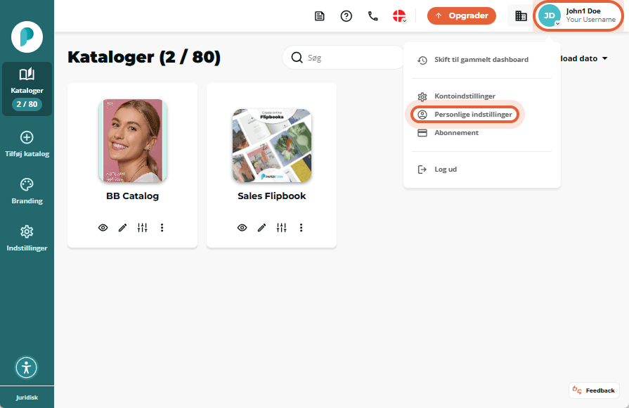Oversigt over bladrekataloger med profilmenuen åben “Personlige indstillinger” er markeret med cirke