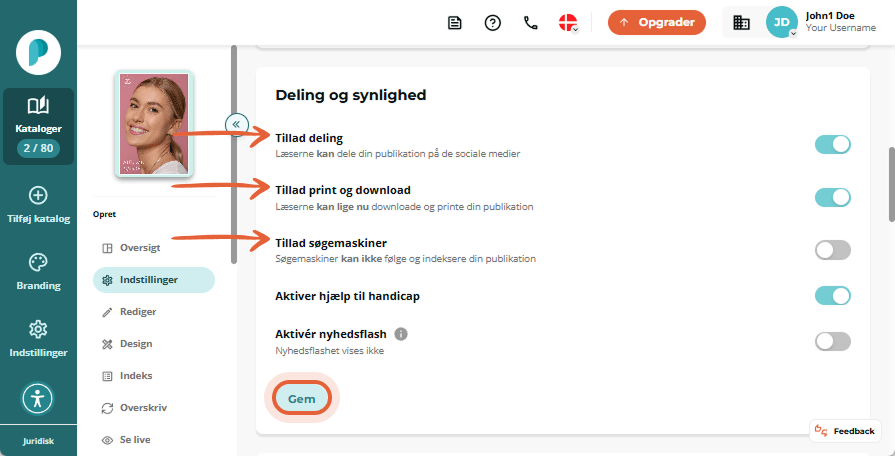 Delingsindstillinger med aktiverede knapper for deling, download/print og søgemaskineindeksering