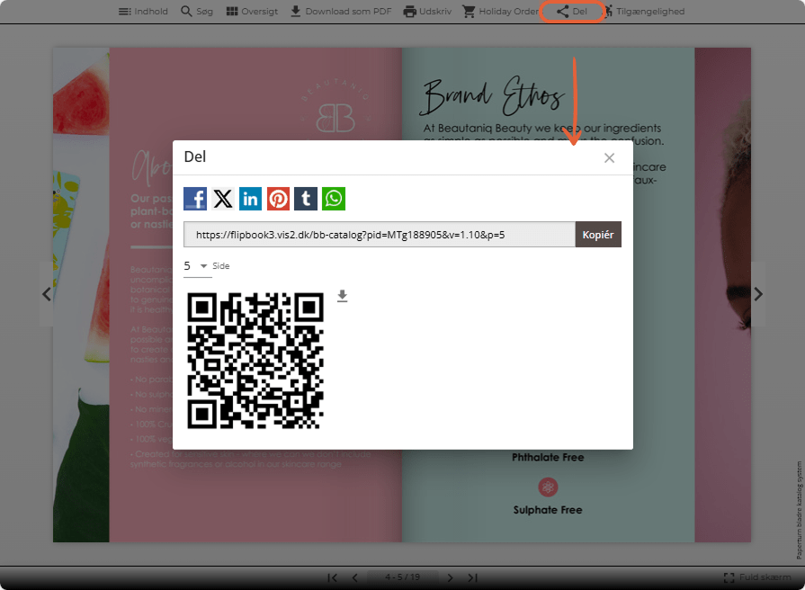 Delingsmodal i flipbook-fremviser med sociale medier-knapper, link og QR-kode.