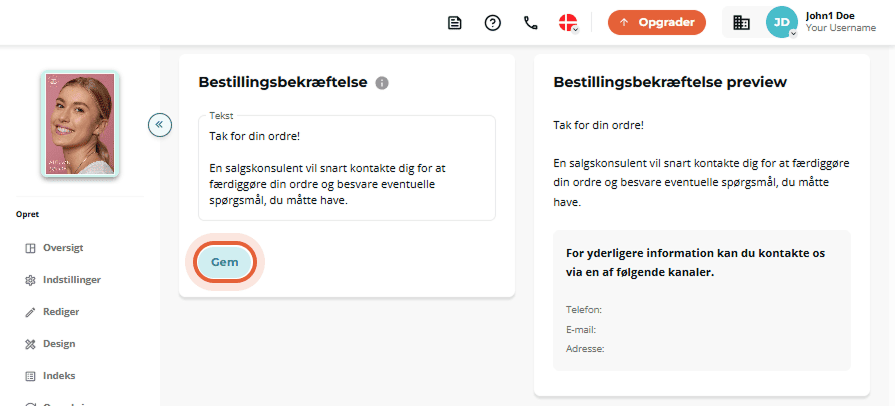 Felt til ordrebekræftelse og forhåndsvisning med takketekst.
