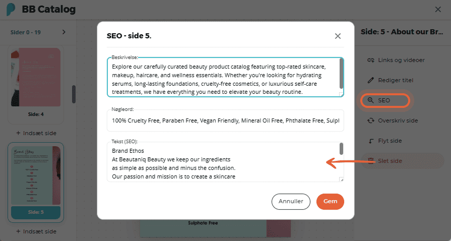 SEO-panel med felter til beskrivelse, søgeord og SEO-tekst for side 5 i en BB Catalog-bladrebog